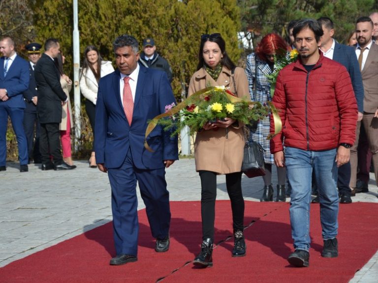 Flowers in front of the monument of the heroes from the Second World War at the Memorial Kosturnica in Kumanovo